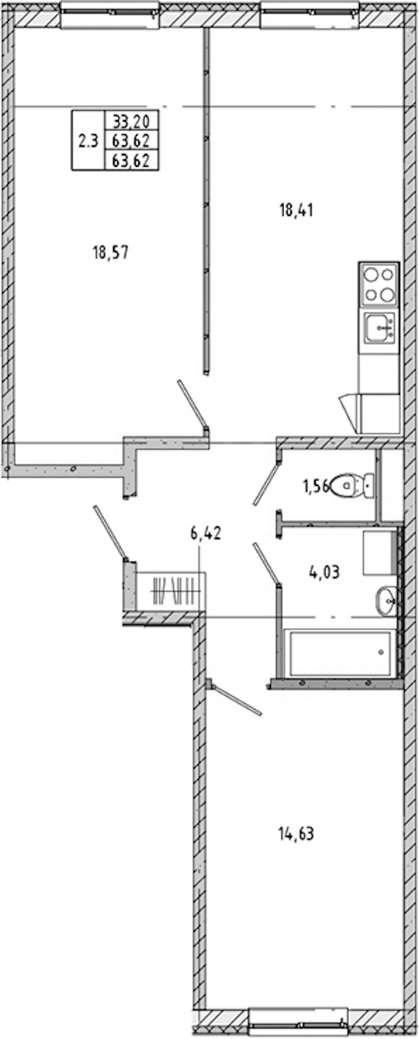 2-комнатная квартира 62.8 м², 1/17 эт., ЖК «Новые горизонты 2»